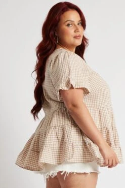 Beige Check Tiered Top Short Sleeve 9 Beige Check Tiered Top Short Sleeve -You And All Fashion Store cwc1016d 35rb check 4