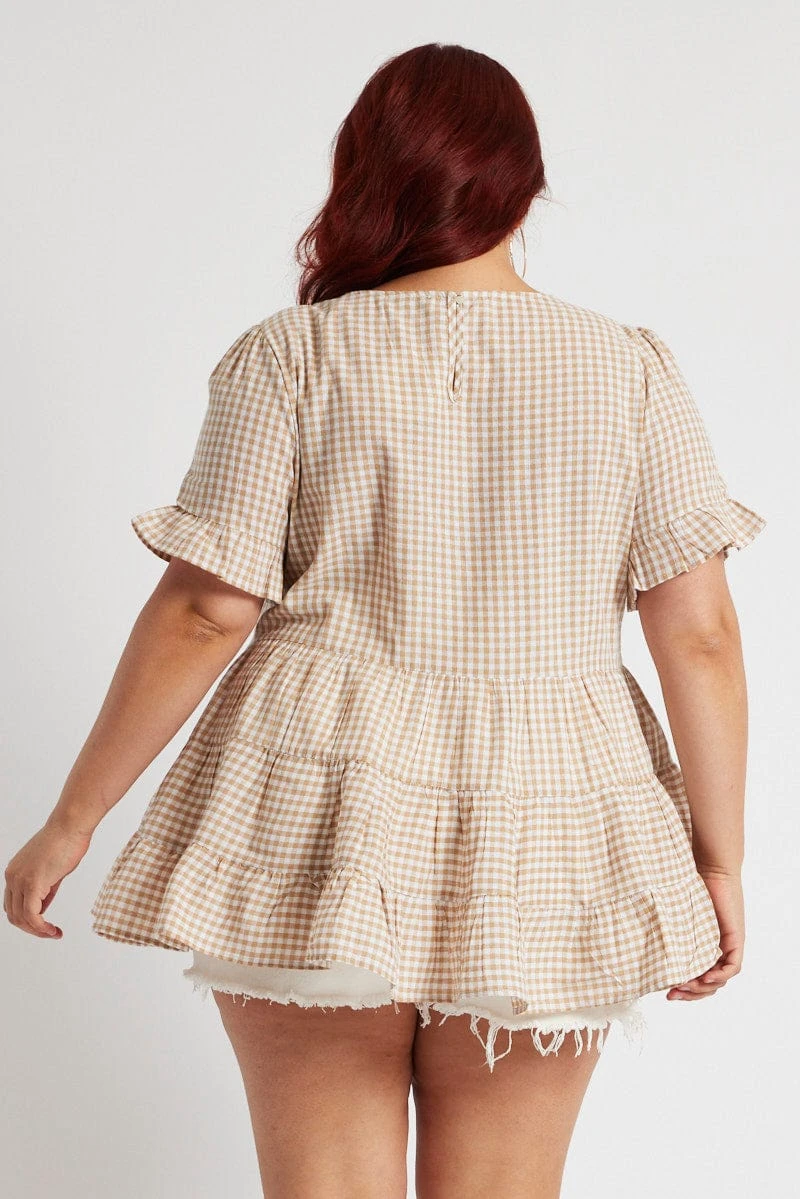 Beige Check Tiered Top Short Sleeve 5 Beige Check Tiered Top Short Sleeve - Image 5
