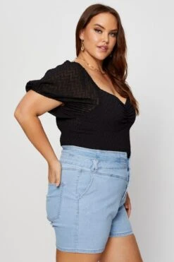 Black Ruched Bodysuit Short Sleeve Dobby Chiffon 8 Black Ruched Bodysuit Short Sleeve Dobby Chiffon -You And All Fashion Store cwc1022 34rb black 4