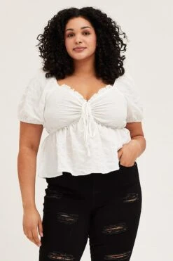 White Peplum Top Short Sleeve Texturedre Ruched