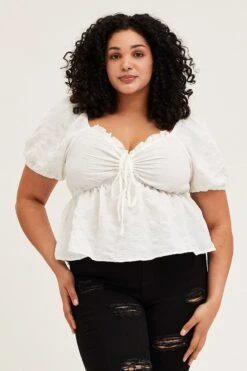 White Peplum Top Short Sleeve Texturedre Ruched -You And All Fashion Store cwc1031 46rb white 3