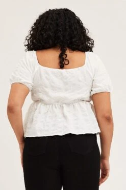 White Peplum Top Short Sleeve Texturedre Ruched -You And All Fashion Store cwc1031 46rb white 5