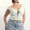 White Polka Dot Crop Top Short Sleeve Ruched Bust