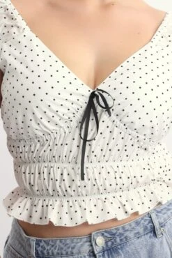 White Polka Dot Crop Top Short Sleeve Ruched Bust -You And All Fashion Store cwc1039x 122r polka dot 5