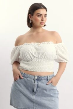 White Crop Top Short Sleeve Broderie