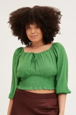 Green 3/4 Sleeve Gathered Bust Crop Top -You And All Fashion Store cwc1056 34r green 3
