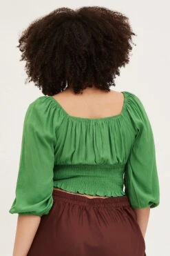 Green 3/4 Sleeve Gathered Bust Crop Top -You And All Fashion Store cwc1056 34r green 5
