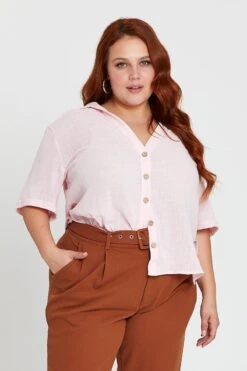 Pink V-neck Shirt Short Sleeve Textured -You And All Fashion Store cwc1059 35ab pink 3 3 1