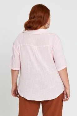 Pink V-neck Shirt Short Sleeve Textured -You And All Fashion Store cwc1059 35ab pink 5 3 1