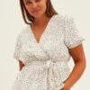 Print Workwear Top Short Sleeve Wrap Peplum