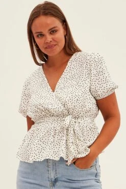 Print Workwear Top Short Sleeve Wrap Peplum
