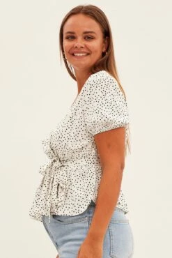 Print Workwear Top Short Sleeve Wrap Peplum -You And All Fashion Store cwc1080b 35rb geo print 4