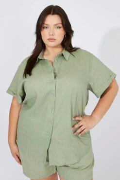 Green Relaxed Shirt Short Sleeve Linen Viscose -You And All Fashion Store cwc1086b 47r khaki 3