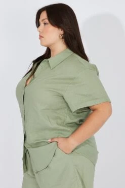 Green Relaxed Shirt Short Sleeve Linen Viscose -You And All Fashion Store cwc1086b 47r khaki 4