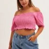 Pink Shirred Short Sleeve Crop Top