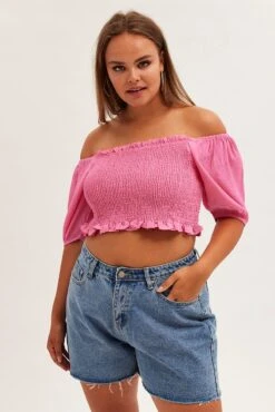 Pink Shirred Short Sleeve Crop Top