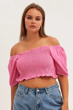 Pink Shirred Short Sleeve Crop Top -You And All Fashion Store cwc1093b 47rb hot pink 3