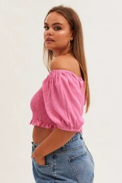 Pink Shirred Short Sleeve Crop Top -You And All Fashion Store cwc1093b 47rb hot pink 4