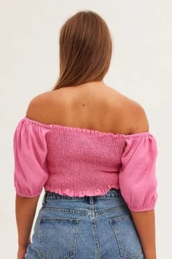 Pink Shirred Short Sleeve Crop Top -You And All Fashion Store cwc1093b 47rb hot pink 5