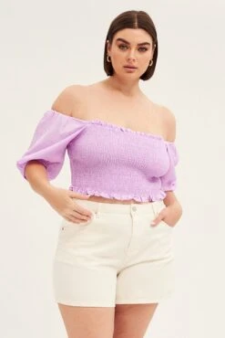 Purple Shirred Short Sleeve Crop Top -You And All Fashion Store cwc1093b 47rb lilac 3