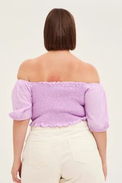 Purple Shirred Short Sleeve Crop Top -You And All Fashion Store cwc1093b 47rb lilac 5