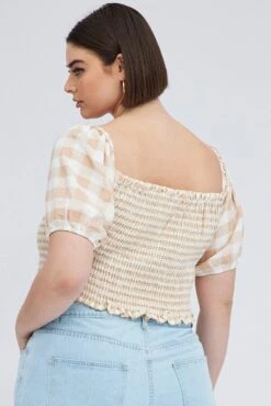 Beige Check Shirred Top Short Sleeve Square Neck -You And All Fashion Store cwc1093c 47rb check 5