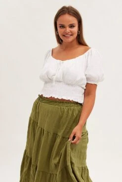 White Crop Top Short Sleeve Waist Shirred