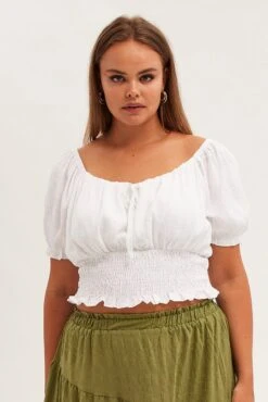 White Crop Top Short Sleeve Waist Shirred -You And All Fashion Store cwc1104 34rb white 3
