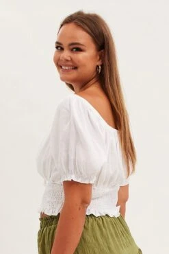 White Crop Top Short Sleeve Waist Shirred -You And All Fashion Store cwc1104 34rb white 4