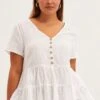 White Relaxed Top Short Sleeve V-neck Tiered Cotton
