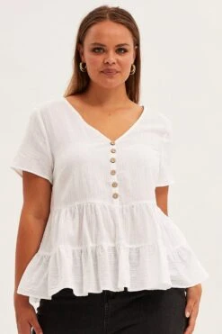 White Relaxed Top Short Sleeve V-neck Tiered Cotton