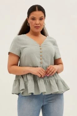 Green Relaxed Top Short Sleeve V-neck Tiered Cotton -You And All Fashion Store cwc11275k 81rb sage 3
