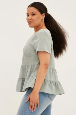 Green Relaxed Top Short Sleeve V-neck Tiered Cotton -You And All Fashion Store cwc11275k 81rb sage 4