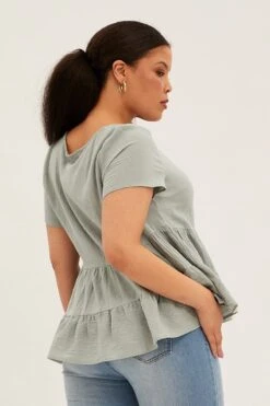 Green Relaxed Top Short Sleeve V-neck Tiered Cotton -You And All Fashion Store cwc11275k 81rb sage 5