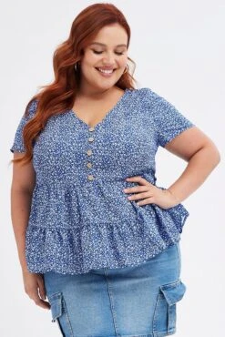 Blue Ditsy Tiered Top Short Sleeve V-neck