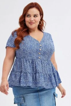 Blue Ditsy Tiered Top Short Sleeve V-neck -You And All Fashion Store cwc11275w 81r ditsy 3