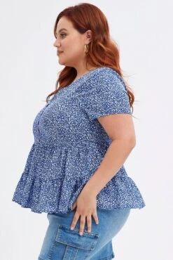 Blue Ditsy Tiered Top Short Sleeve V-neck -You And All Fashion Store cwc11275w 81r ditsy 4