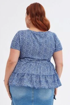 Blue Ditsy Tiered Top Short Sleeve V-neck -You And All Fashion Store cwc11275w 81r ditsy 5