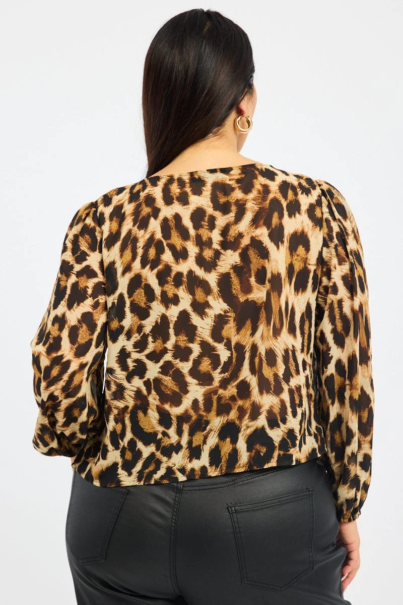 Brown Animal Print Chiffon Top Long Sleeve Open Front 4 Brown Animal Print Chiffon Top Long Sleeve Open Front - Image 4