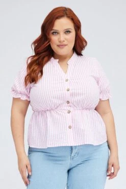 Pink Stripe Shirt Short Sleeve Banded Collar Elastic Waist -You And All Fashion Store cwc1140 35rb stripe 3