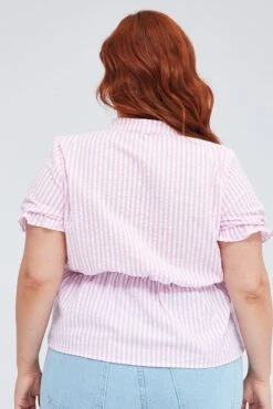 Pink Stripe Shirt Short Sleeve Banded Collar Elastic Waist -You And All Fashion Store cwc1140 35rb stripe 5