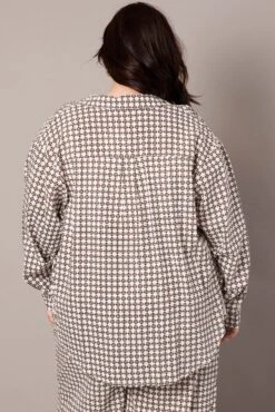 Brown Geo Relaxed Shirt Long Sleeve Linen Blend -You And All Fashion Store cwc11466ox 47r geo 5