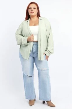 Green Relaxed Shirt Long Sleeve Textured -You And All Fashion Store cwc11466p 47rb khaki 2