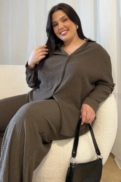 Brown Relaxed Shirt Long Sleeve Textured