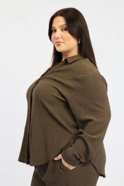 Brown Relaxed Shirt Long Sleeve Textured -You And All Fashion Store cwc11466zx 47r mocha 4