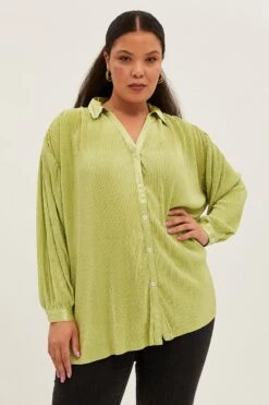 Green Relaxed Shirts Long Sleeve Plisse -You And All Fashion Store cwc1152a 34rb lime 3