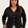 Black Plisse Shirt Long Sleeve V-neck Button Up