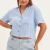 Blue Crop Shirt Short Sleeve Button Up