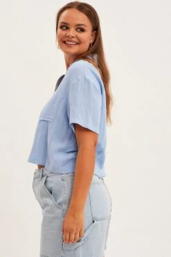 Blue Crop Shirt Short Sleeve Button Up -You And All Fashion Store cwc1159 35rb light blue 4