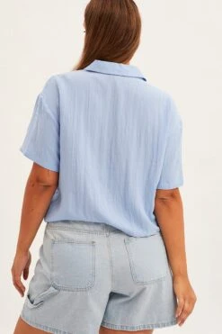 Blue Crop Shirt Short Sleeve Button Up -You And All Fashion Store cwc1159 35rb light blue 5